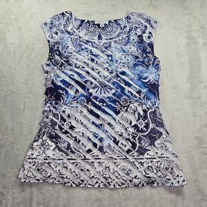 Dress Barn Top Women's Medium Blue White Sleeveless Ruffles Boho Stretch